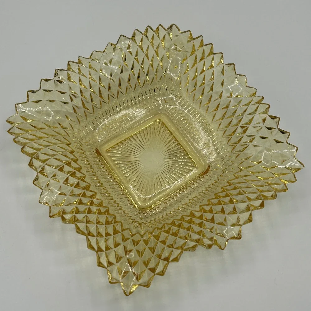 Vintage Mid Century Yellow Diamond Point Square Pressed Glass Candy Trinket Dish